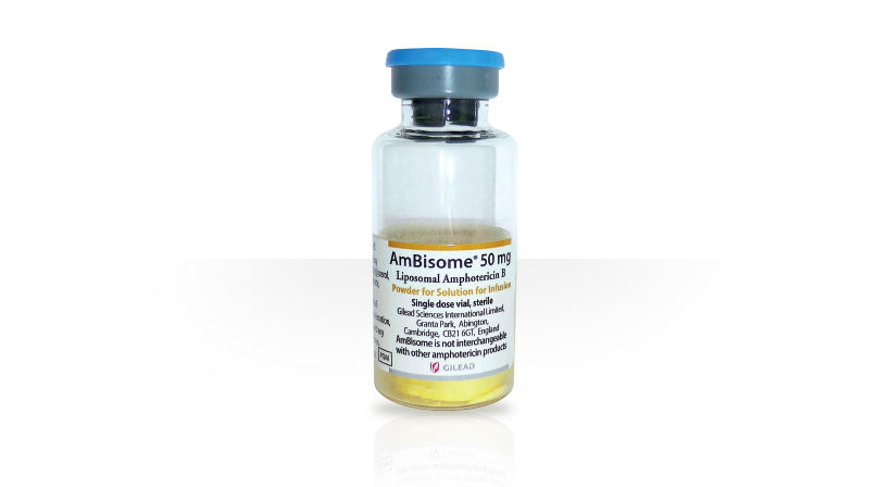 AmBisome bottle with text stating 300,000 vials of AmBisome  are distributed in six countries to treat VL